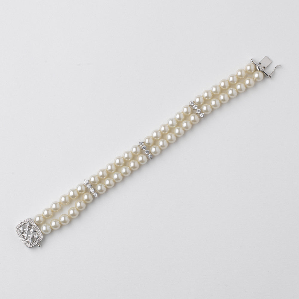 Rhodium CZ Double Row Ivory Pearl Bridal Wedding Bracelet 82066