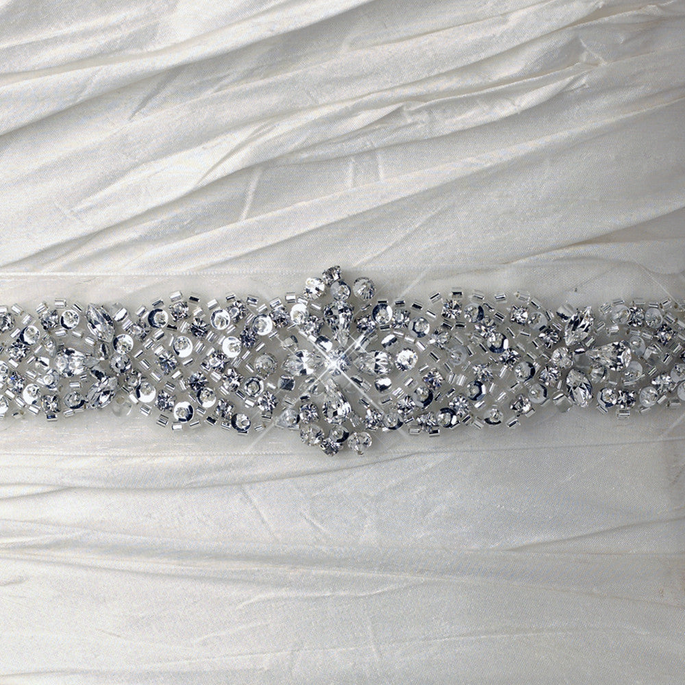 White Beaded Crystal Organza Bridal Wedding Belt 216