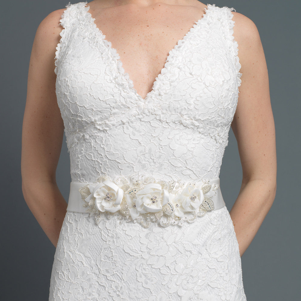 Ivory Flower Satin, Rhinestone & Bugle Bead Bridal Wedding Sash Belt 259 Ivory Ivory Flower Satin, Rhinestone & Bugle Bead Bridal Wedding Sash Belt 259 Ivory