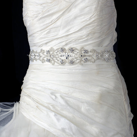 Ivory Matte Satin Floral Beaded Rhinestone Bridal Wedding Belt 384