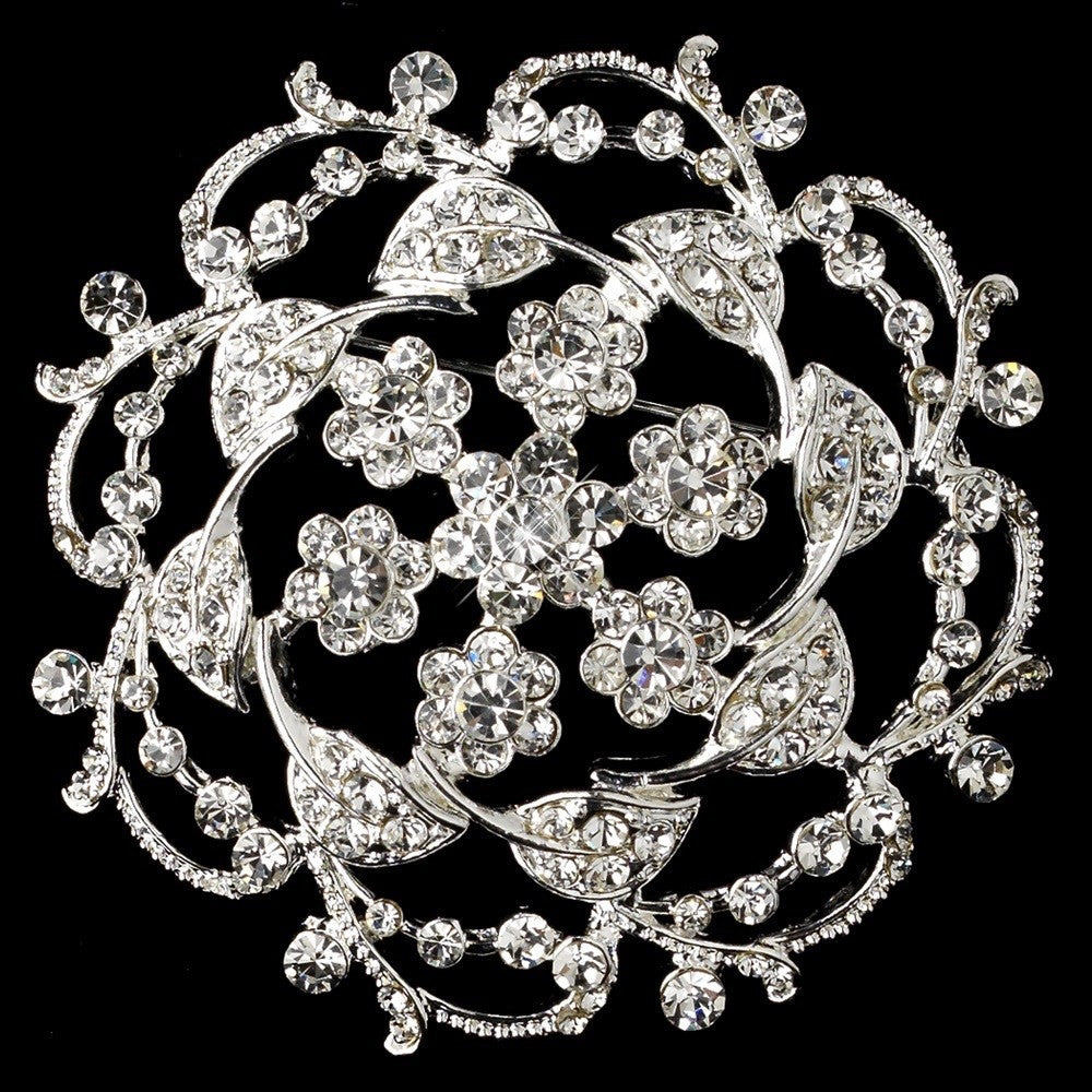 Silver Clear Rhinestone Flower Vine Bridal Wedding Brooch 1004