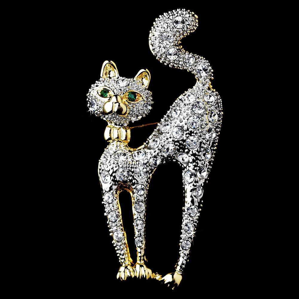 * Gold Trimmed Silver Clear Cat w/ Green Eyes Bridal Wedding Brooch 101