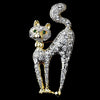 * Gold Trimmed Silver Clear Cat w/ Green Eyes Bridal Wedding Brooch 101