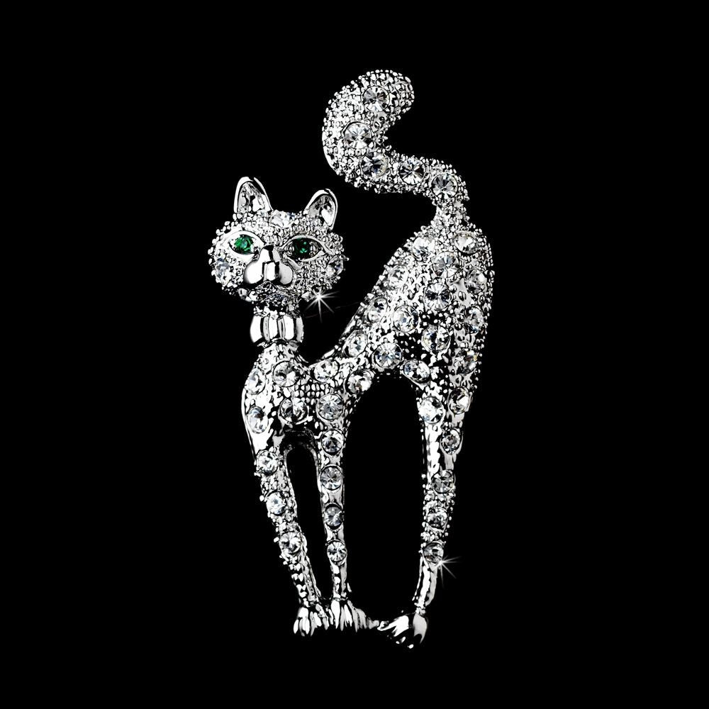 * Antique Silver Clear Rhinestone Cat w/ Green Eyes Bridal Wedding Brooch 101