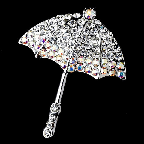 * Antique Silver Umbrella Encrusted in Clear and AB Rhinestones Pin Bridal Wedding Brooch 121