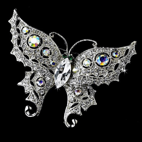 * Antique Silver Clear/AB Rhinestone Butterfly with Green Eyes Bridal Wedding Brooch 122