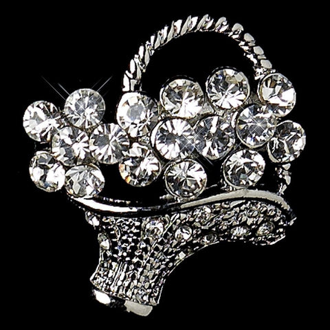 * Antique Silver Clear Rhinestone Flower Basket Pin Bridal Wedding Brooch 135