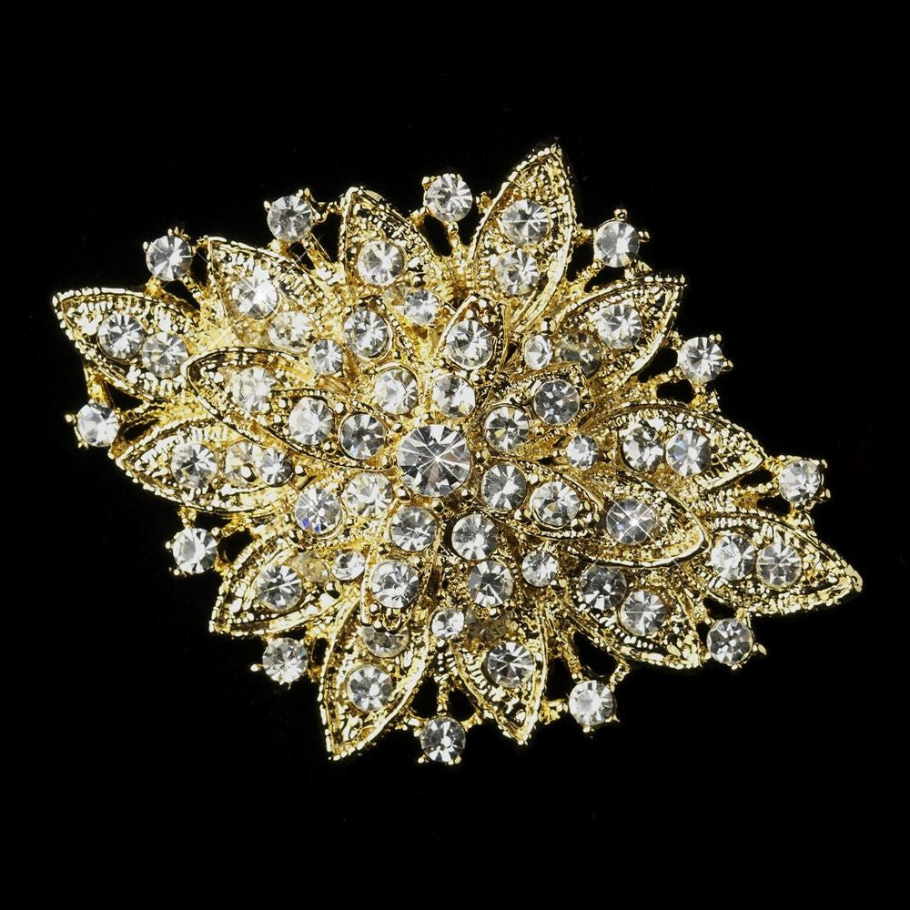 Gold Clear Crystal Flower Bridal Wedding Brooch 14
