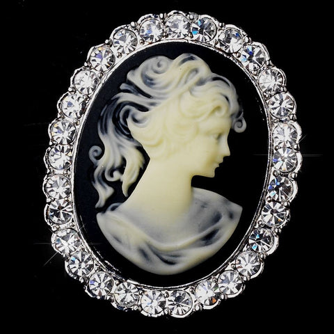 * Antique Silver Cameo Bridal Wedding Brooch with Black Background and Rhinestone Border 147