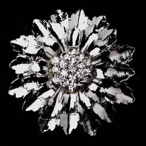* Antique Silver Flower withe Rhinestone Center Bridal Wedding Brooch 148