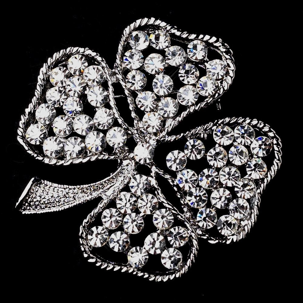 Antique Silver Shamrock with Rhinestones Bridal Wedding Brooch 150