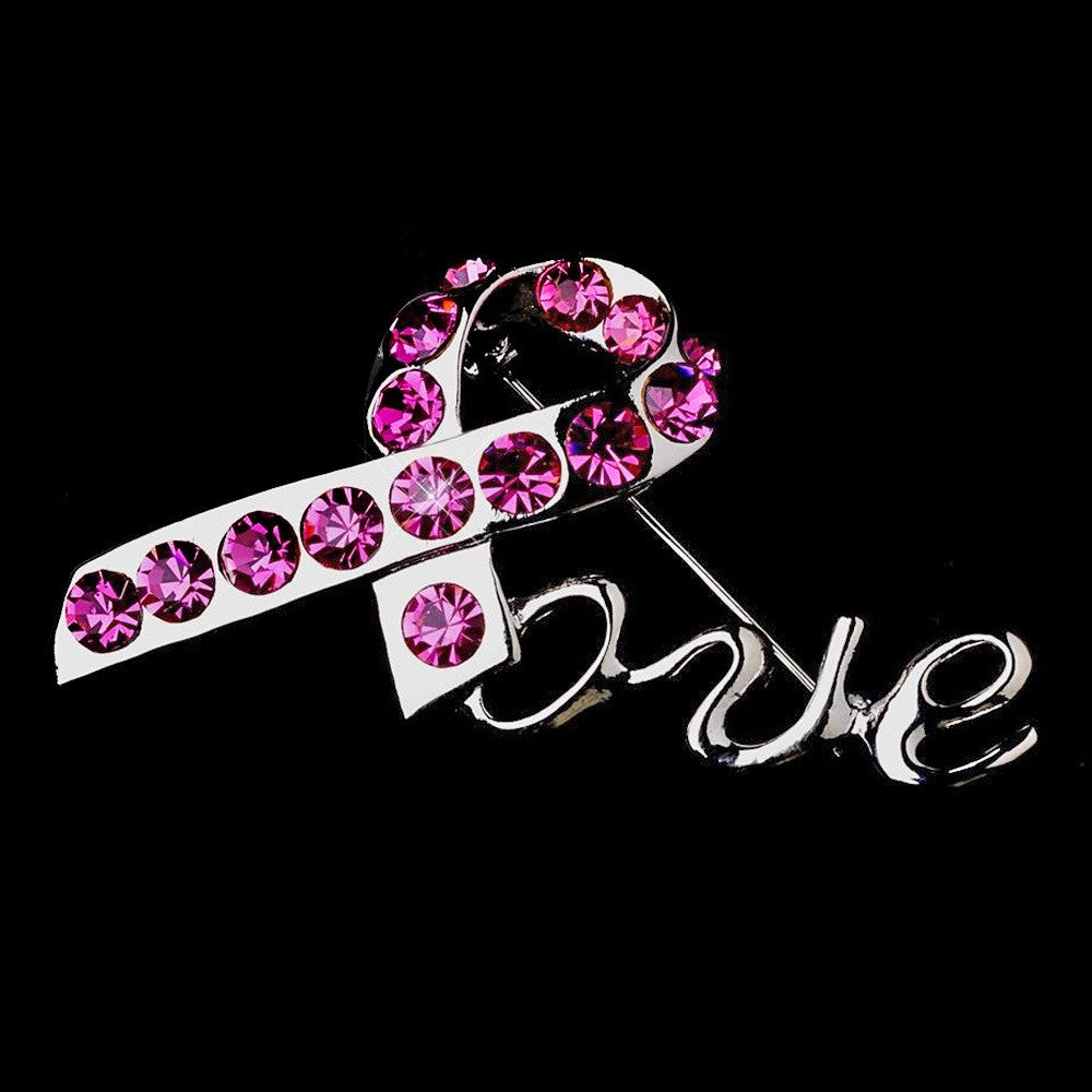 * Antique Silver Breast Cancer Pink Rhinestone Love Bridal Wedding Brooch 153