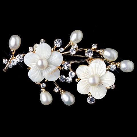 Gold Flower Freshwater Pearl with Rhinestone Bridal Wedding Brooch