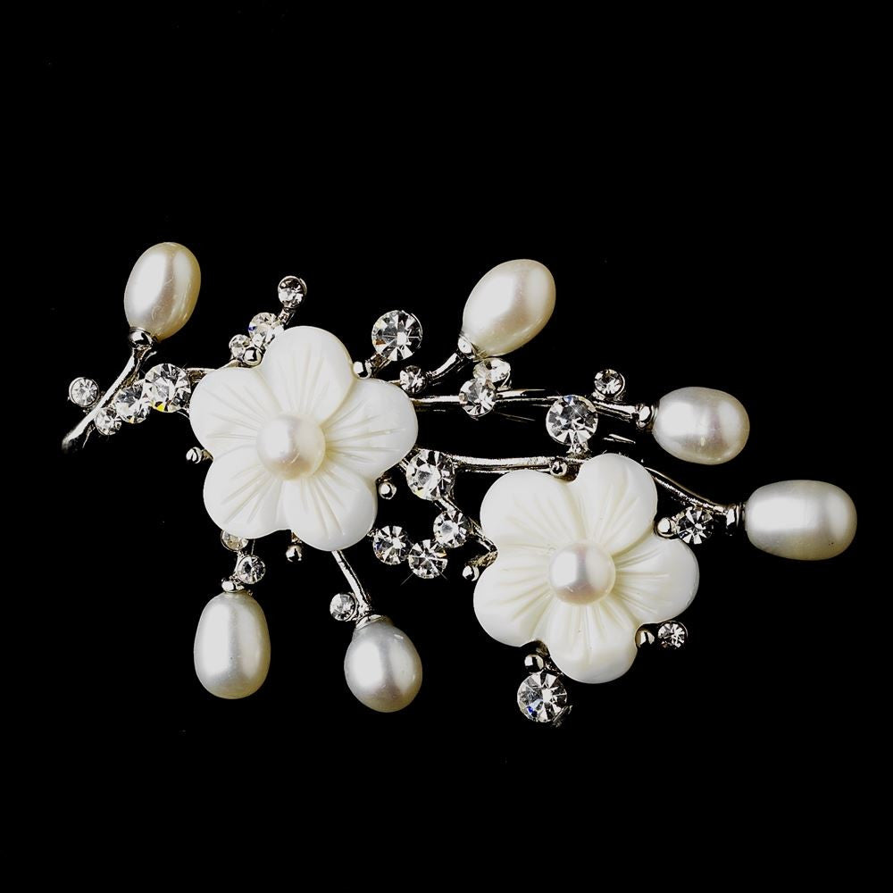 Antique Silver Flower Freshwater Pearl with Rhinestone Bridal Wedding Brooch 167
