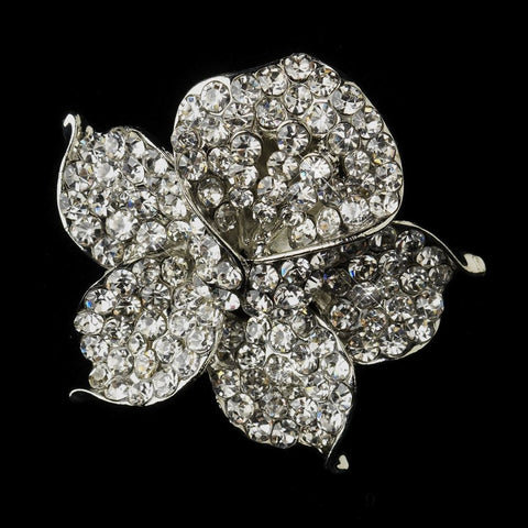 * Antique Silver Clear Rhinestone Orchid Flower Bridal Wedding Brooch 172