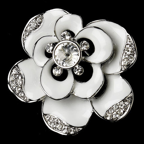 * Antique Silver White Enamel Rhinestone Flower Bridal Wedding Brooch 174