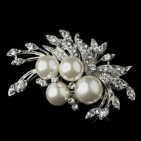 Antique Silver Diamond White Pearl & Rhinestone Floral Bridal Wedding Brooch 175