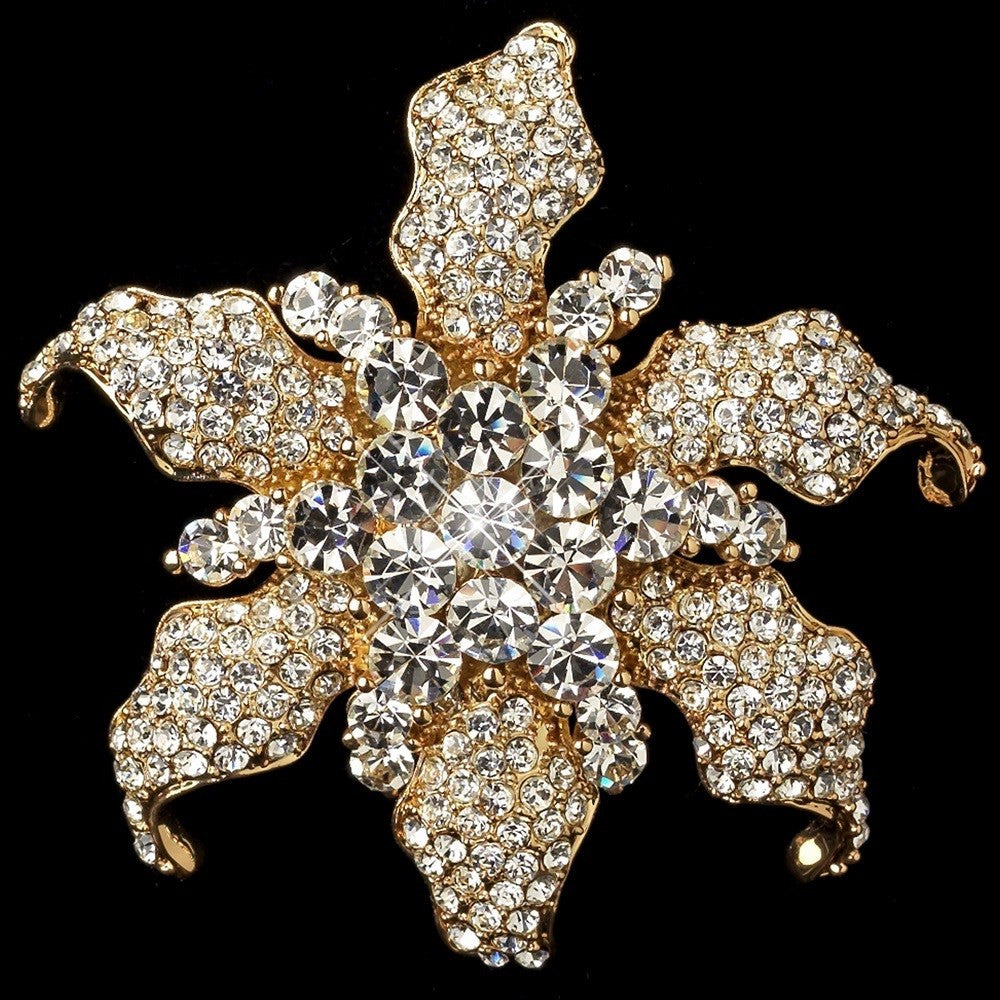 Gold Clear Rhinestone Wilted Flower Bridal Wedding Brooch 181