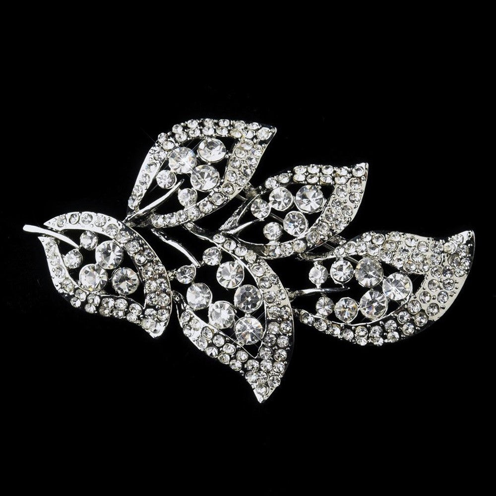 Antique Silver Clear Rhinestone Leaf Bridal Wedding Brooch 182