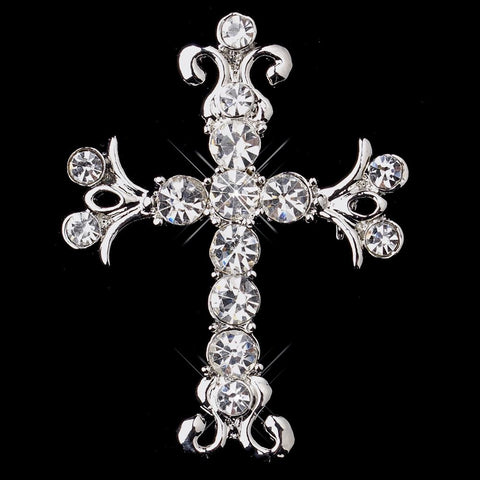 * Antique Silver Clear Rhinestone Cross Bridal Wedding Brooch 199