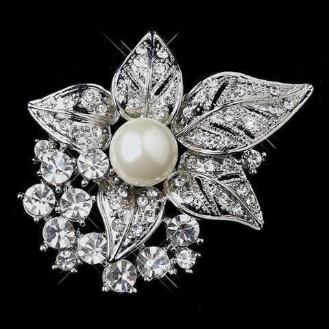 Antique Silver Clear w/ Rhinestones and Diamond White Pearl Accent Bridal Wedding Brooch 208
