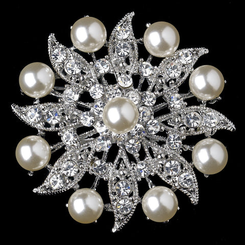Antique Silver Diamond White Pearl & Clear Rhinestone Flower Design Bridal Wedding Brooch 209