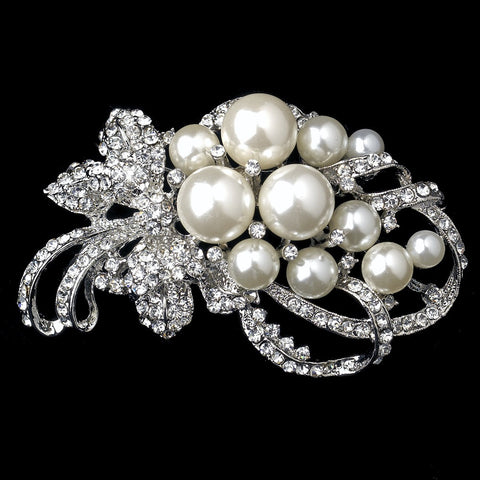 Antique Silver Clear Rhinestones with White or Ivory Pearl Accent Bridal Wedding Brooch 211
