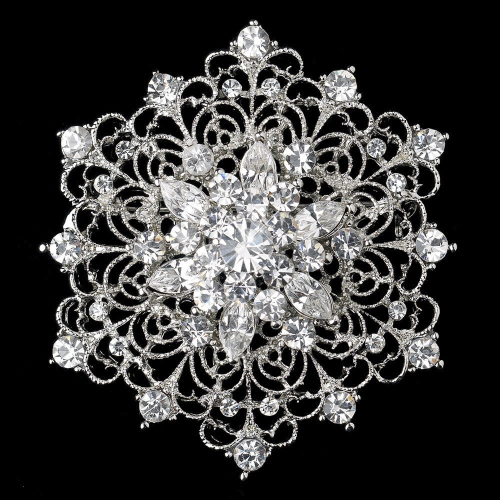 Silver Clear Rhinestone Vintage Swirl Adorn Bridal Wedding Brooch 216