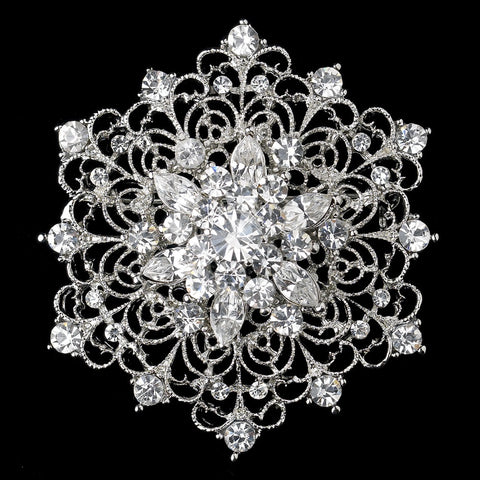 Silver Clear Rhinestone Vintage Swirl Adorn Bridal Wedding Brooch 216