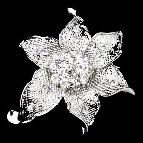 Antique Silver Clear Rhinestone Flower Bridal Wedding Brooch 223