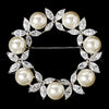 Antique Silver Round Cubic Zirconia & White Pearl Wreath Bridal Wedding Brooch 2502