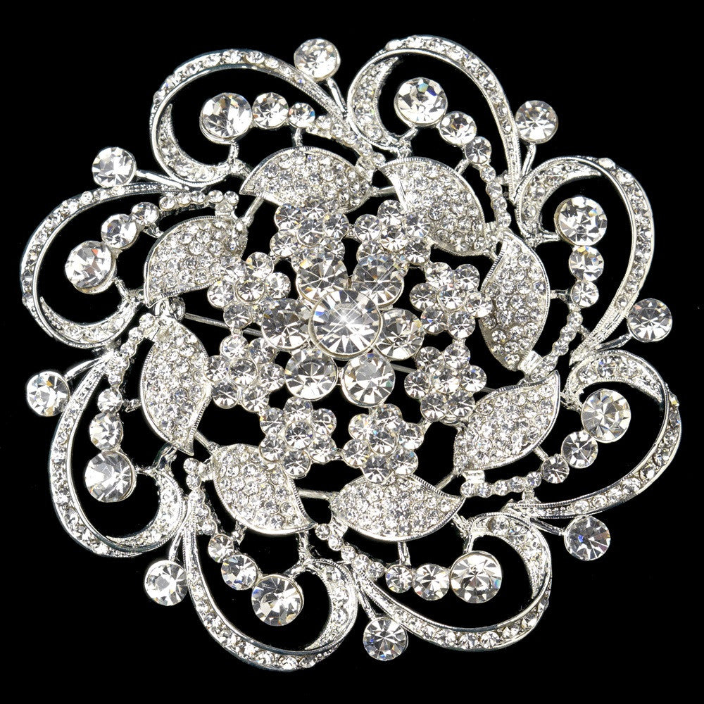 Silver Clear Floral Rhinestone Bridal Wedding Brooch 3
