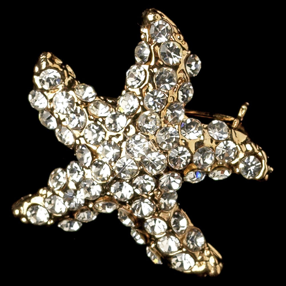 Light Gold Clear Stone Starfish Bridal Wedding Brooch 3168
