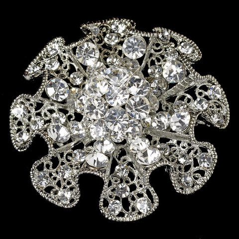Antique Silver Ruffle Rhinestone Blossom Bridal Wedding Brooch 33