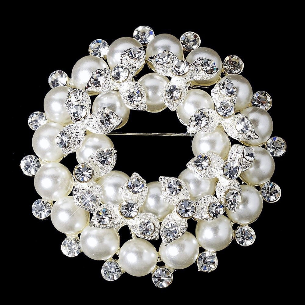 * Silver White and Rhinestone Wreath Bridal Wedding Brooch 3440