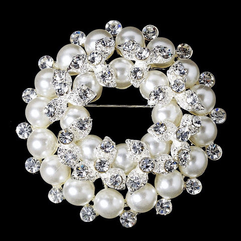 * Silver White and Rhinestone Wreath Bridal Wedding Brooch 3440