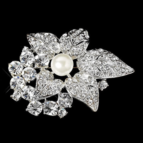 * Silver White Pearl & Rhinestone Romantic Bridal Wedding Brooch 3441