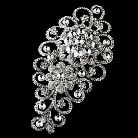 * Antique Silver Clear Rhinestone Floral Bridal Wedding Brooch 404