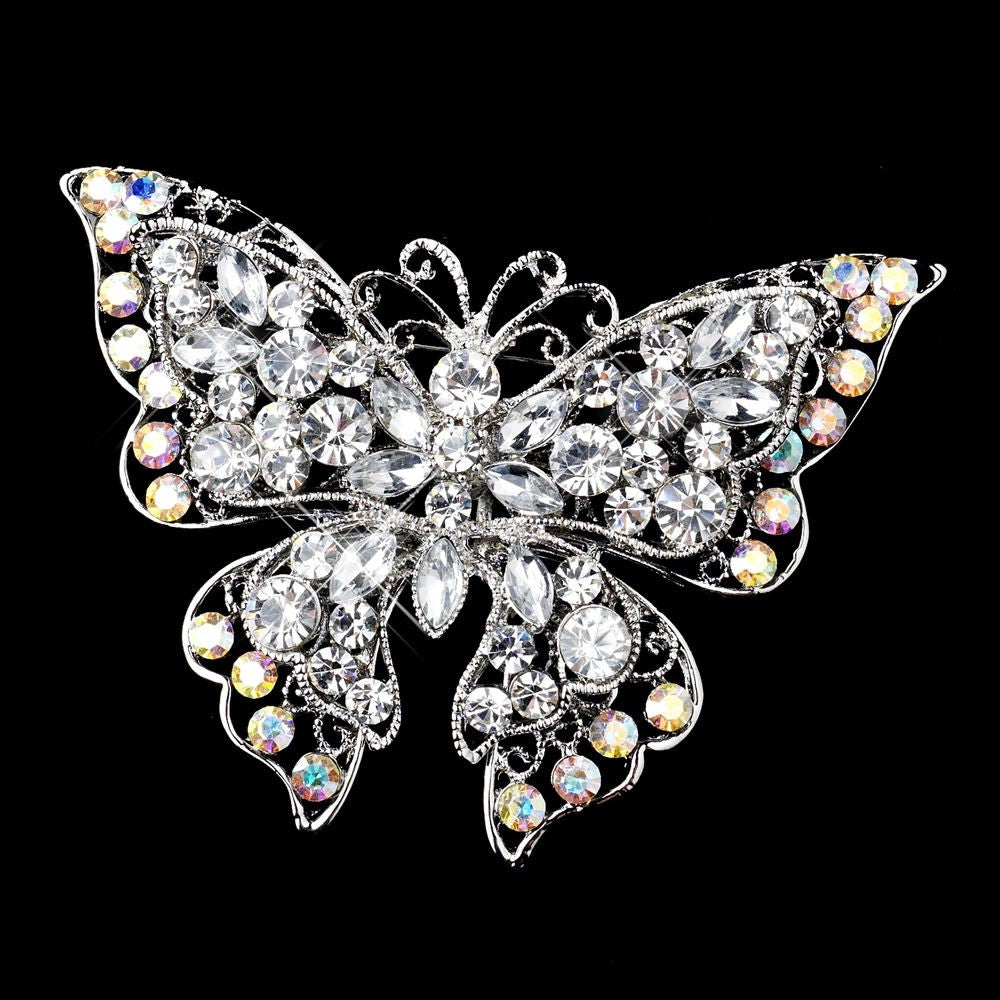 Antique Silver Rhodium Clear AB Rhinestone Accent Butterfly Bridal Wedding Brooch 73
