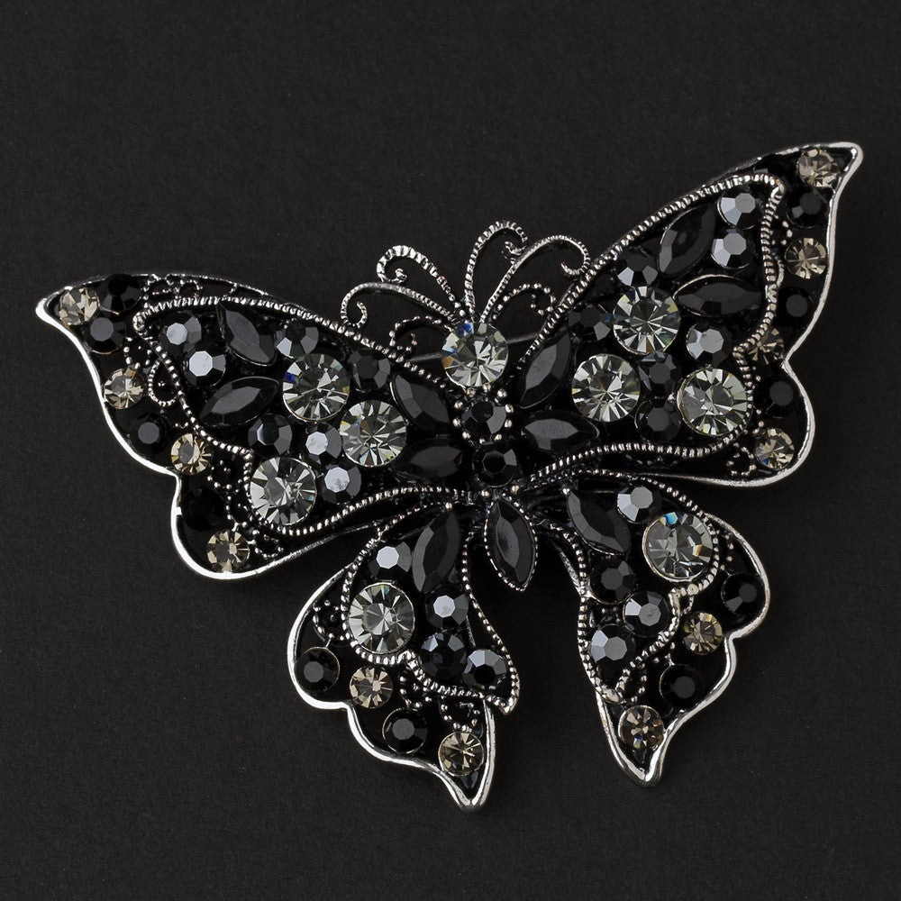 * Crystal Butterfly Bridal Wedding Brooch 73 Antique Silver with Black Rhinestones
