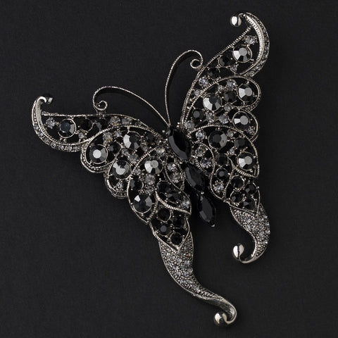 * Rhinestone Butterfly Bridal Wedding Brooch 74 Antique Silver Black
