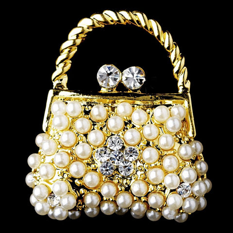* Gold Ivory Pearl Clear Rhinestone Purse Pin Bridal Wedding Brooch 76