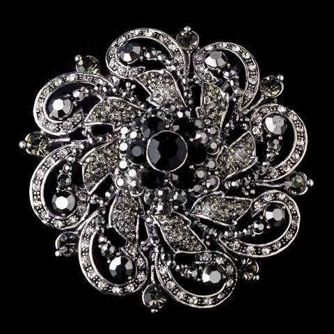 Antique Silver w/ Black Rhinestones Flower Bridal Wedding Brooch 79