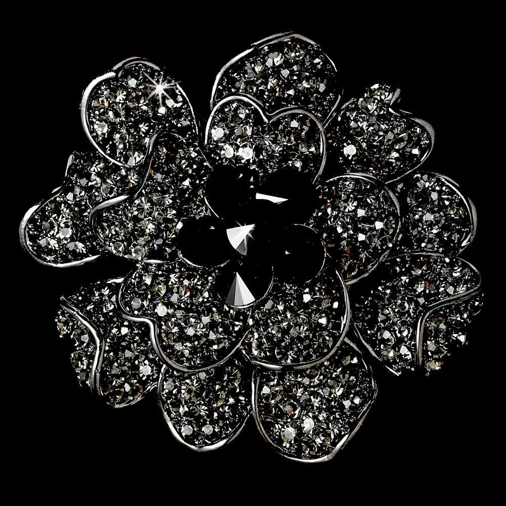 Large Antique Silver with Black Rhinestone Celebrity Style Bridal Wedding Brooch for Gown or Bridal Wedding Hair - Bridal Wedding Brooch 8779
