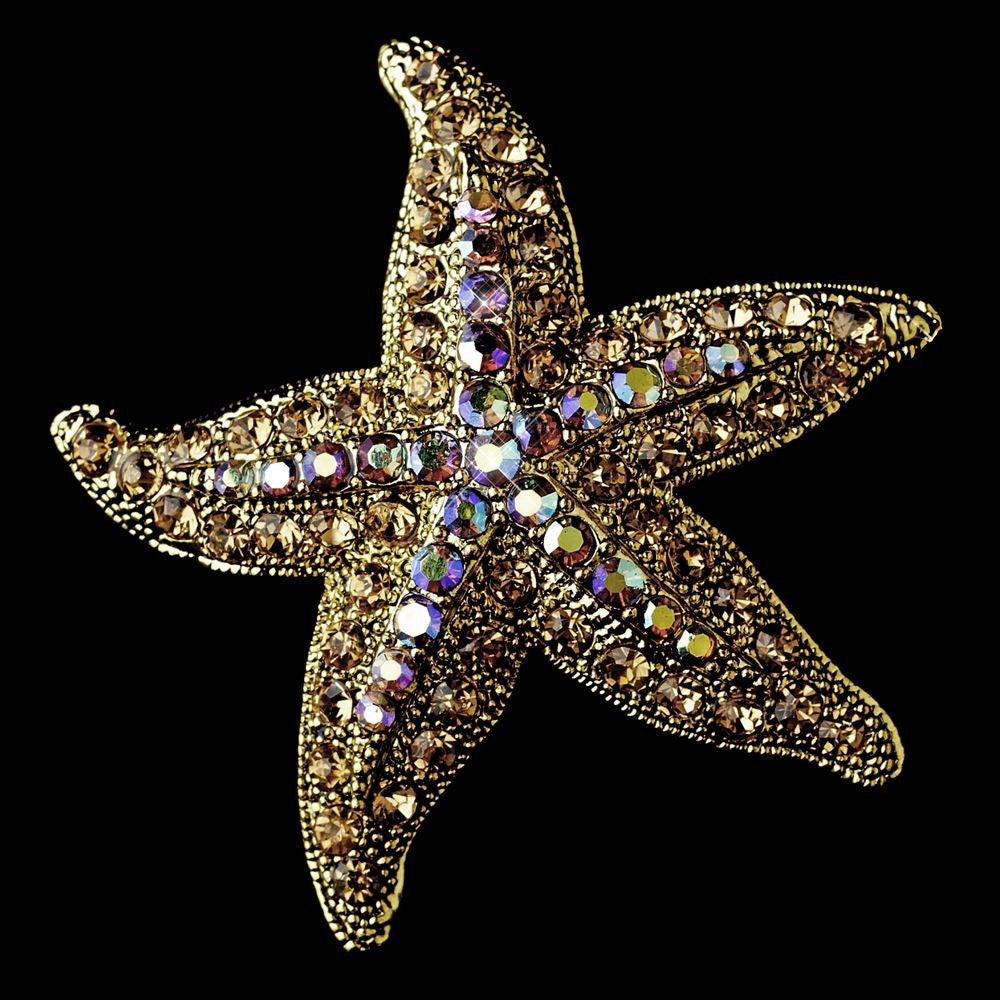 Gold Topaz Aurora Borealis Rhinestone Starfish Bridal Wedding Brooch 88
