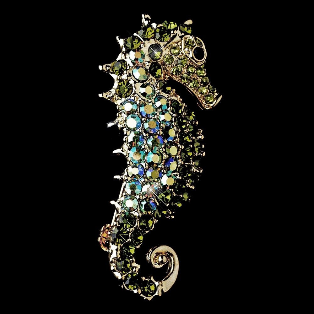 * Gold Green Aurora Borealis Rhinestone Seahorse Bridal Wedding Brooch 89