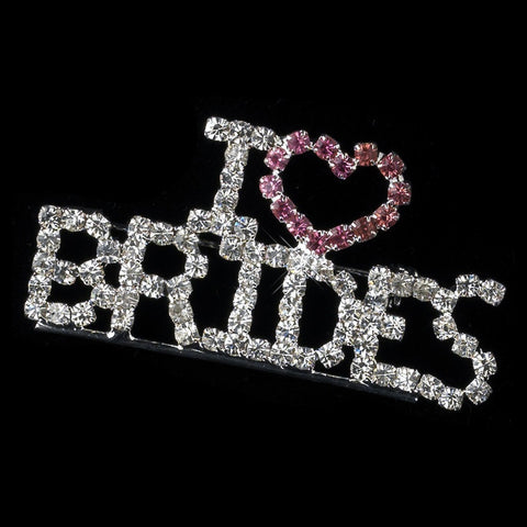 Silver with Pink and Clear Rhinestones &#8221; I Love Brides &#8221; Rhinestone Bridal Wedding Brooch 9013