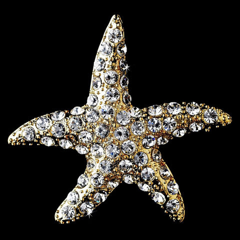 * Gold Clear Rhinestone Starfish Bridal Wedding Brooch 93