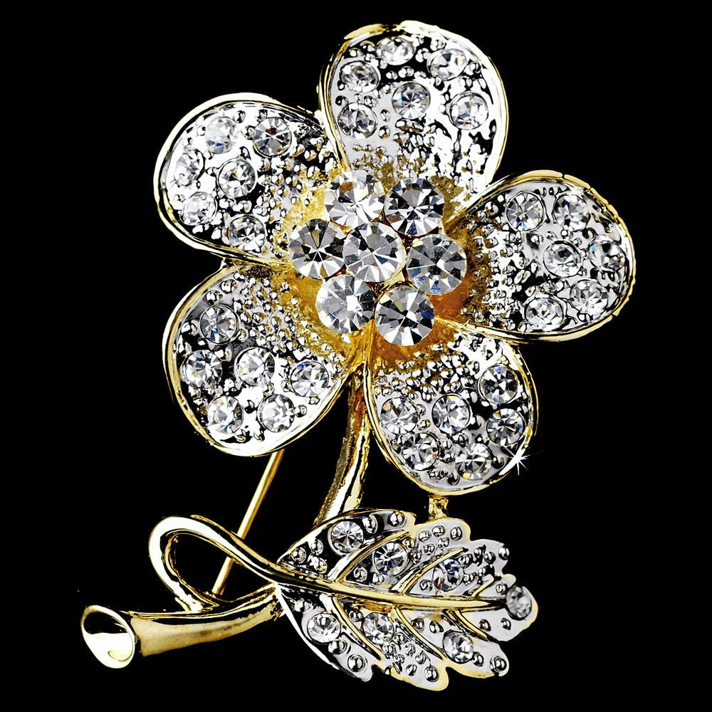 * Gold Clear Rhinestone Flower Bridal Wedding Brooch Pin 94