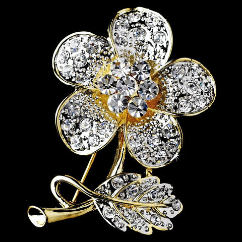 * Gold Clear Rhinestone Flower Bridal Wedding Brooch Pin 94